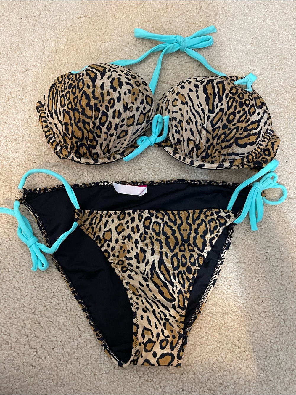 Leopard Print Halter Bikini with Turquoise Ties